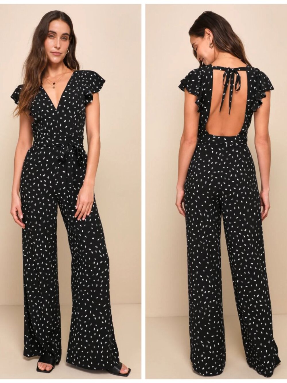 Lulus Black White Print Jumpsuit Medium Open Back Wide Leg Flutter Sleeve
